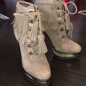 Brian Atwood Tempesta Fringe Ankle Booties Taupe 8